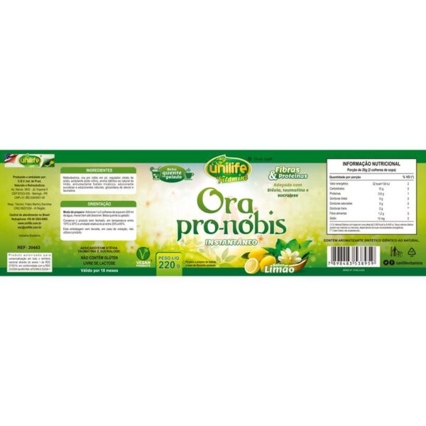 Ora Pro-Nóbis instantâneo sabor Limão 220g Unilife - Imagem 2